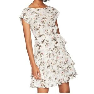 Rebecca Taylor Floral Ruffle Tiered Dress Belted Short‎ Sleeve Women's Size 0